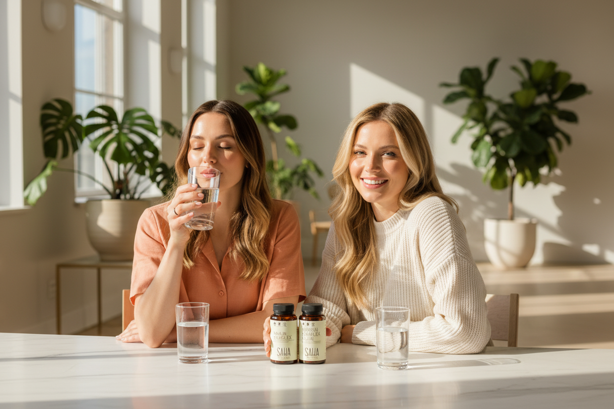 SAHA Kosmetik – Zwei Frauen nehmen Supplements ein