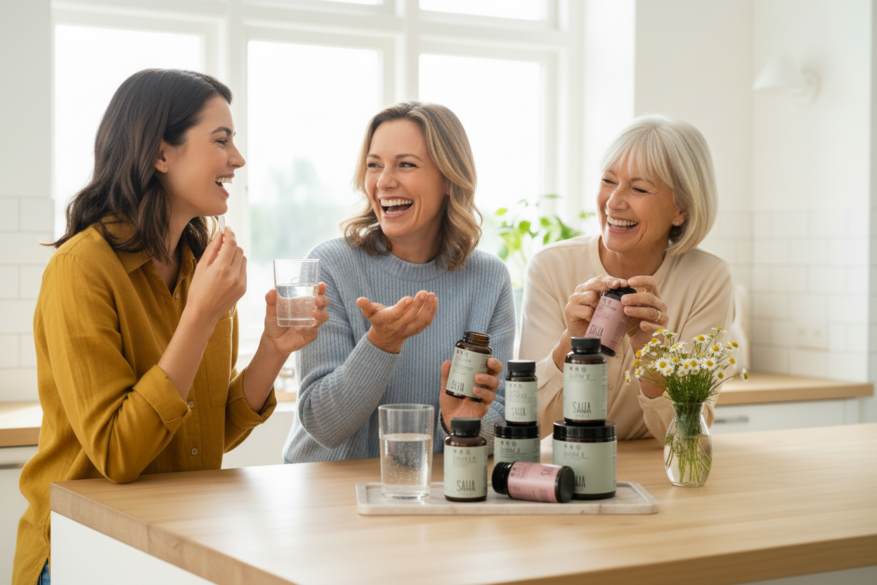 SAHA Kosmetik Lifestyle – Frauen nehmen Produkte ein